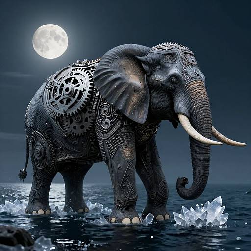 Digital artwork of a detailed, mechanical elephant with gears and patterns, standing in moonlit water, surrounded by glowing crystals.