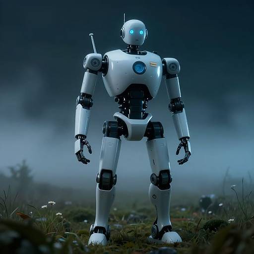 Brdf Robot Standing on Foggy Night Field