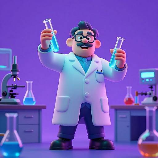 CGI cartoon of a bearded scientist with black hair, glasses, white lab coat, holding two glowing test tubes, in a colorful, purple-l
