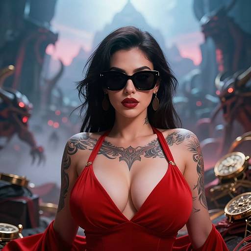 Photorealistic CGI of a tattooed woman with large breasts, wearing a red halter dress and black sunglasses, standing in a futuristic, foggy