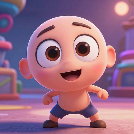 CGI cartoon of a bald, smiling boy with big eyes, small body, wearing blue shorts, standing in a colorful, brightly-lit playground.