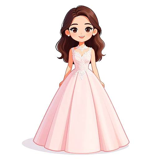 Digital drawing of a cute, anime-style woman with long brown hair, wearing a sleeveless, white, full-skirted wedding dress, standing against