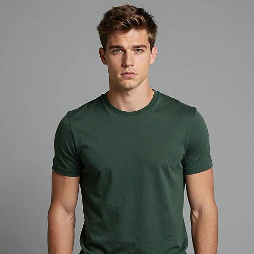 Serious Young Man in Dark Green T-Shirt