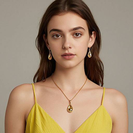 Photograph of a young woman with long brown hair, wearing a yellow V-neck dress, gold necklace, and teardrop earrings, against a gray