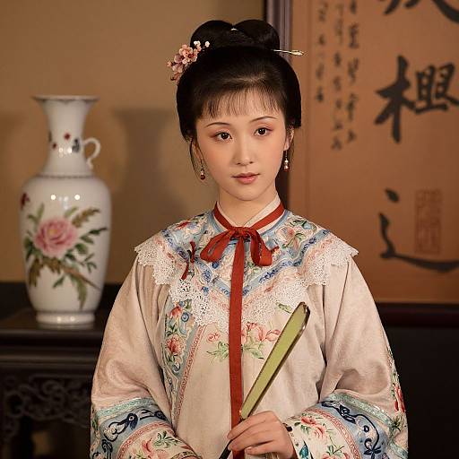 Photograph of an East Asian woman in traditional floral-patterned hanbok, with black hair in an updo, holding a fan, standing in