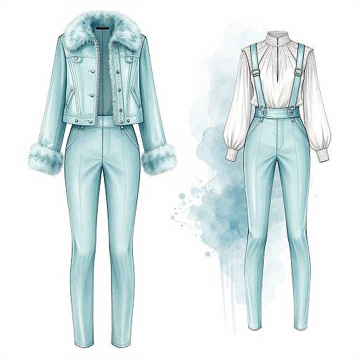 Digital drawing of a light blue, fur-trimmed denim jacket with high-waisted pants, and a white, long-sleeve shirt with