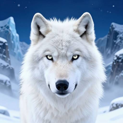 Digital artwork of a fierce, white wolf with piercing yellow eyes, set against a snowy mountain backdrop under a dark blue sky.