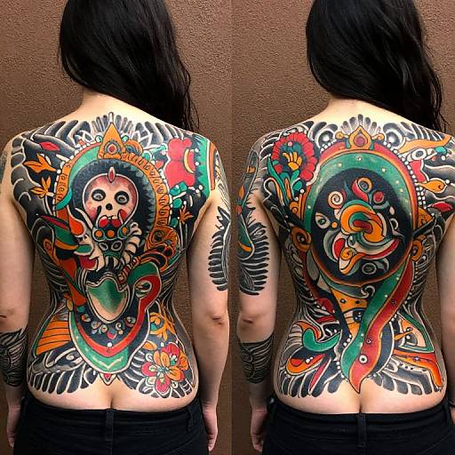 Photograph of a woman with long black hair, showcasing vibrant, intricate traditional Japanese-style back tattoos featuring colorful skulls, flowers, and abstract designs on her