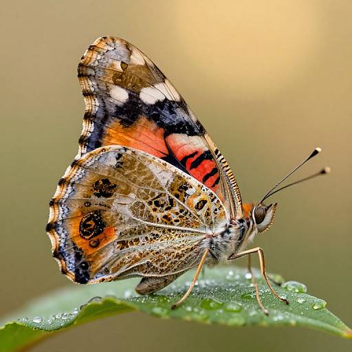 Macro Ageha Butterfly on Dewy Leaf