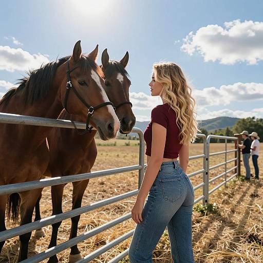 Blonde Woman with Horses in Field