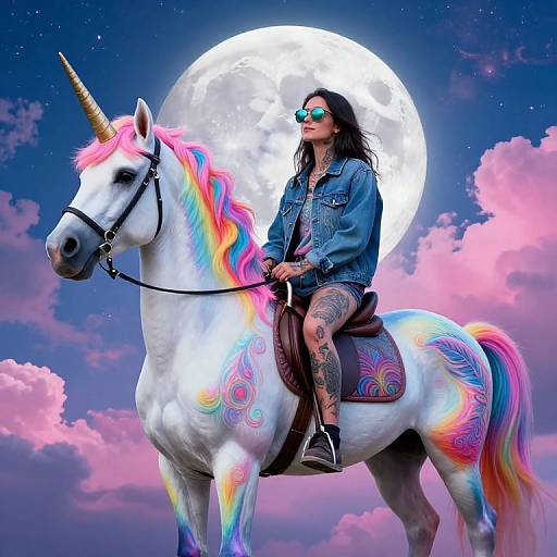 Photograph-style digital art of a tattooed woman in sunglasses riding a white unicorn with colorful mane and tail, under a full moon, pink and purple