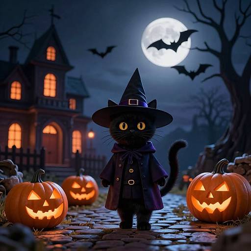 Digital illustration of a black kitten in a witch's hat and cloak, standing on a cobblestone path with glowing jack-o'-lanterns,
