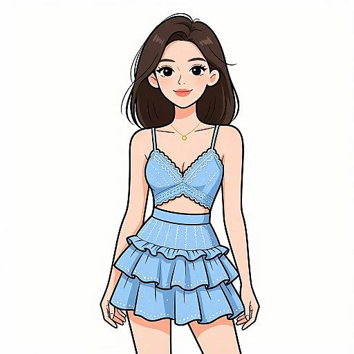 Digital anime-style illustration of a smiling young woman with dark brown hair, wearing a light blue lace bralette and layered ruffle skirt, against a white