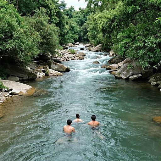Photograph of two shirtless men swimming in a clear, rushing river surrounded by lush, green trees and large rocks.