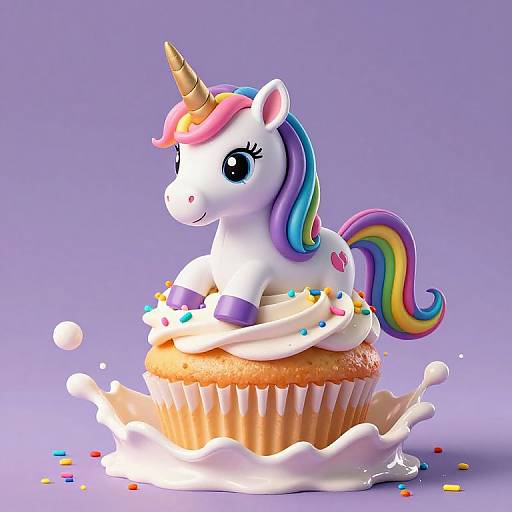 CGI image of a cute, white unicorn with a rainbow mane and tail, sitting on a cupcake with swirled frosting and colorful sprinkles