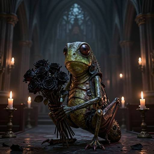 Digital artwork of a green, bug-eyed frog holding a bouquet of black roses in a dimly lit, gothic cathedral with lit candles.