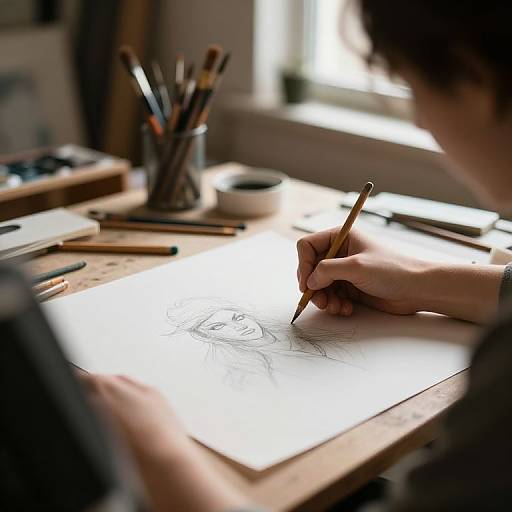 Photograph of a person's hand, right side, sketching a spiral on white paper with a pencil, sunlight from window, cluttered desk with