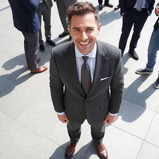 Photograph of a smiling, short-haired man in a dark gray pinstripe suit, white shirt, and black tie, standing outdoors on a sun