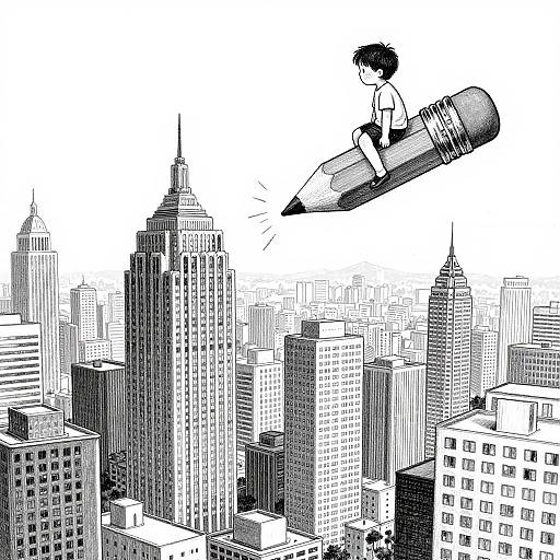 Black-and-white manga-style illustration of a young boy in a shirt and shorts, flying on a giant pencil over a detailed cityscape with tall skyscrap