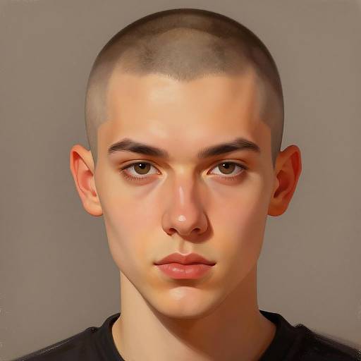Digital portrait of a young, fair-skinned, androgynous individual with a shaved head, brown eyes, and neutral expression, wearing a black