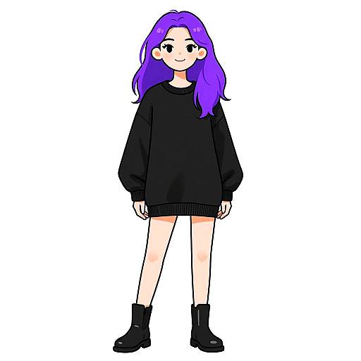 Digital drawing of a cute anime-style girl with purple hair, wearing a black oversized sweater, short black socks, and black shoes, standing against a white
