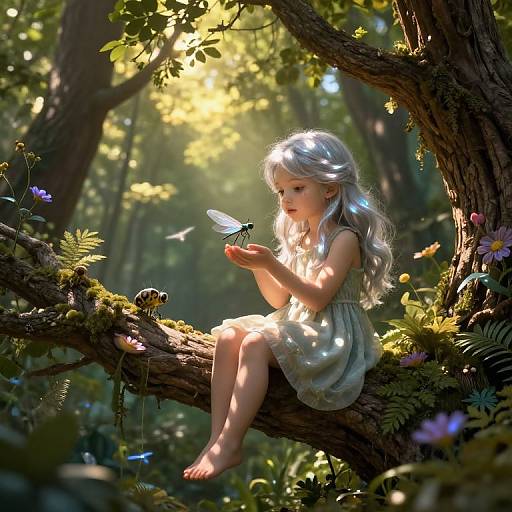 Digital painting of a fair-haired, young girl with ethereal light, sitting on a mossy tree branch, gently holding a delicate butterfly in a sun