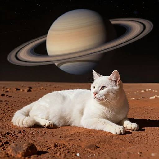 Photograph of a white cat lying on red, rocky alien terrain with Saturn and its rings in a starry night sky background.