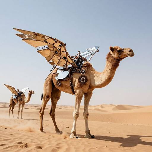 Photograph of two camels in a desert, equipped with large, wing-like solar panels on their backs, under a clear blue sky.