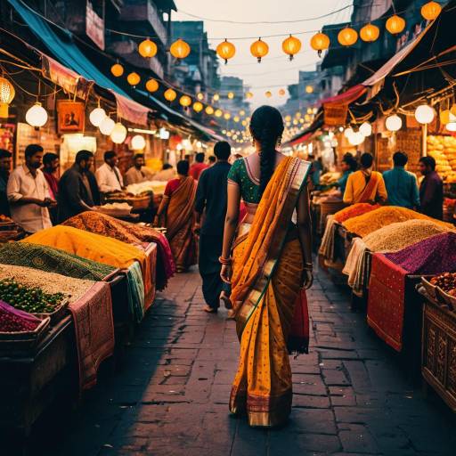 Woman in Traditional Sari at Vibrant Indian Street Market
