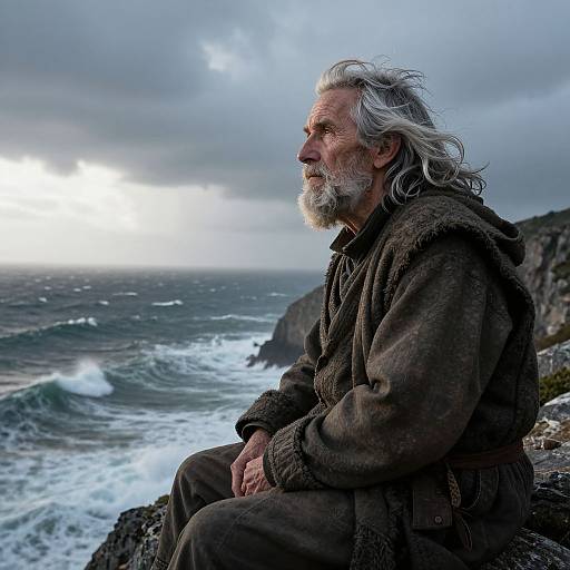 Photograph of an elderly man with white hair and beard, wearing a brown, woolen coat, sitting on a rocky cliffside, gazing at