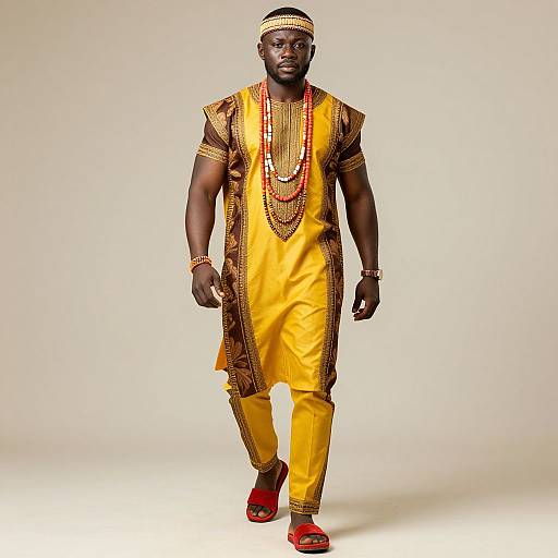 Photograph of an African man in a vibrant yellow traditional outfit with brown trim, red shoes, and multiple necklaces, walking confidently on a plain beige