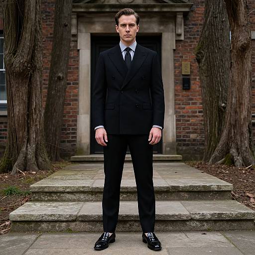 Photograph of a serious-looking Caucasian man in a black suit, white shirt, and black tie standing on stone steps in front of a brick building with