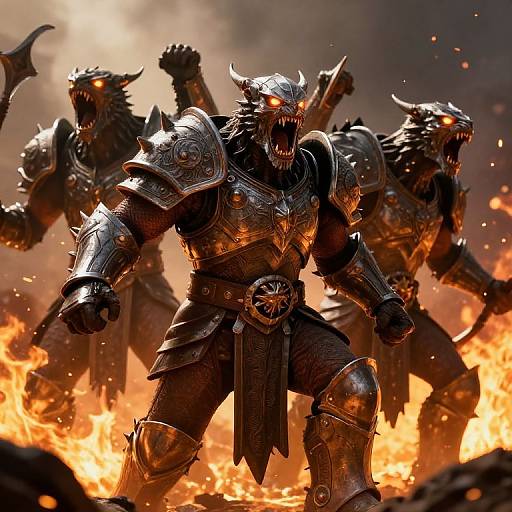 Photorealistic digital artwork of four fierce, armored demon warriors with glowing eyes and sharp horns, roaring amid intense, fiery flames.
