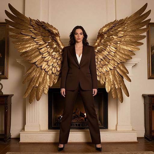 Photograph of a woman with long dark hair, wearing a black suit, white shirt, and large golden feather wings, standing in front of a white