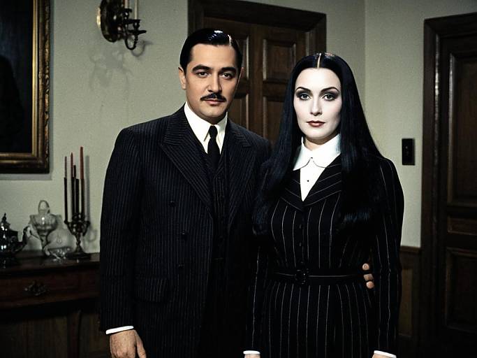 Digital artwork of a dark-haired man and woman in black pinstripe suits, standing in a dimly lit, vintage room. Both have pale skin