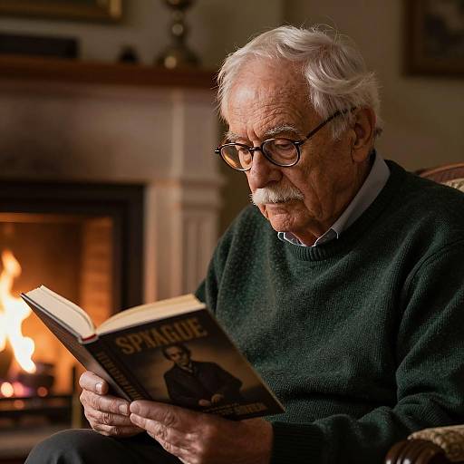 Elderly Man Reading by the Fireplace