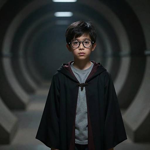 Focused Boy in Mysterious Tunnel Room