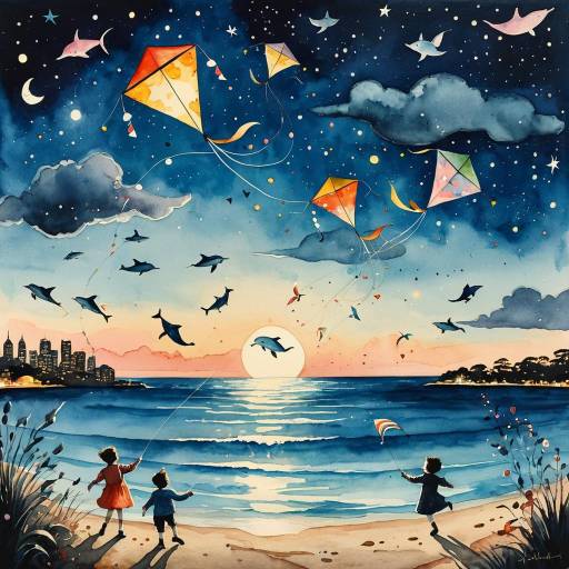 Children Flying Dolphin Kites Over Sydney Beach at Dusk
