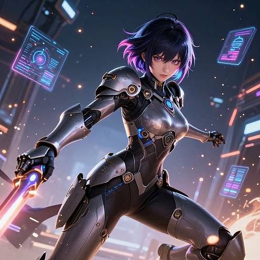 Digital anime artwork of a fierce, purple-haired woman in a black, cybernetic bodysuit wielding a glowing red sword in a neon-lit