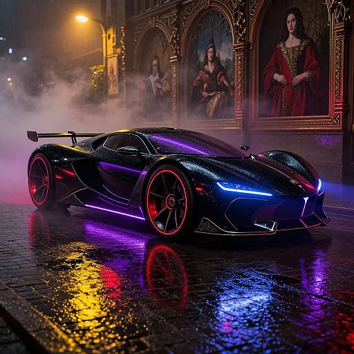 Photorealistic digital art of a sleek, black, neon-lit supercar with blue and purple accents, parked on a wet cobblestone street