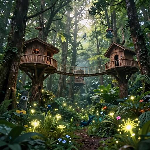Whimsical forest scene with two wooden treehouses connected by a rope bridge, surrounded by glowing fairy lights and lush foliage.