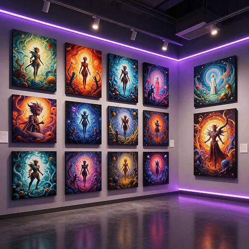 Photograph of a brightly lit art gallery with a purple neon light border, displaying nine vibrant, fantasy-themed paintings featuring silhouetted characters against colorful