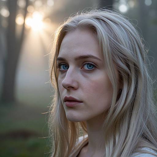 Photograph of a young blonde woman with blue eyes in a misty forest, sunlight filtering through trees in the background.