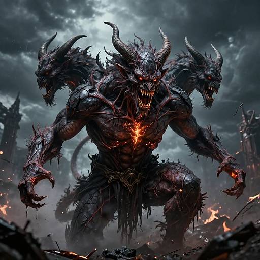 Digital artwork of a dark, three-headed demon with glowing red eyes, sharp claws, and glowing red chest, standing amidst a fiery, ruined landscape under
