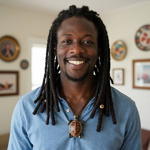 Photograph of smiling African American man with dreadlocks, wearing a blue button-up shirt, turtle pendant, in a home with framed art.
