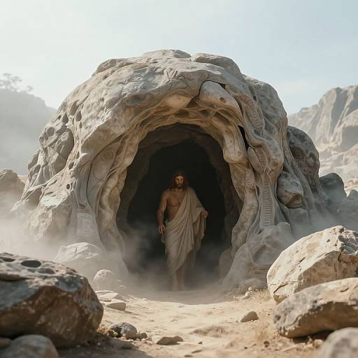 Photorealistic CGI image of a muscular, bearded man in a white toga standing in a rocky, intricate cave entrance in a dusty, mountain