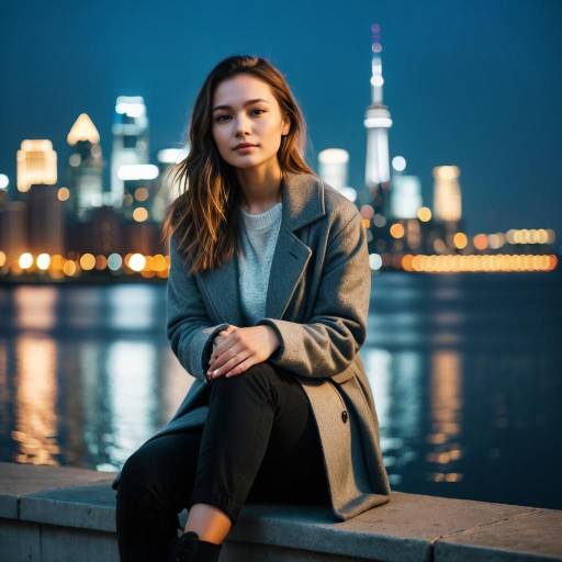 Young Woman Sitting by Waterfront at Night