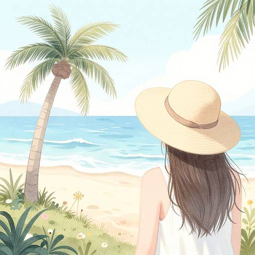 Digital painting of a woman with long black hair wearing a straw hat, facing a beach with palm trees and blue ocean.