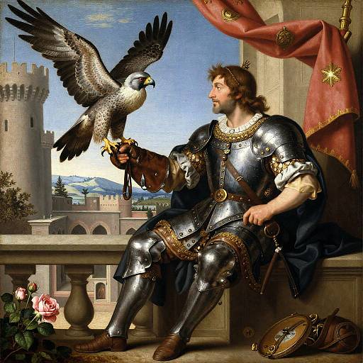 Renaissance-style painting of a bearded knight in shiny armor, holding a falcon, seated on a balcony with castle and red drapery