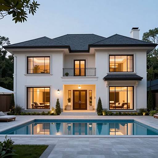 Photograph of a modern, two-story white house with black roof at dusk, illuminated windows, central pool, and manicured garden.